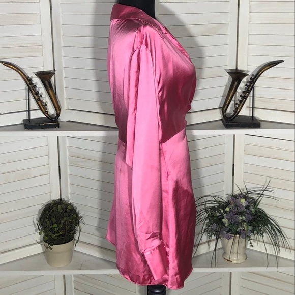 Zara Satin Mini Dress Bishop Sleeve Tulip Hem Hot Pink Large - Picture 7 of 13